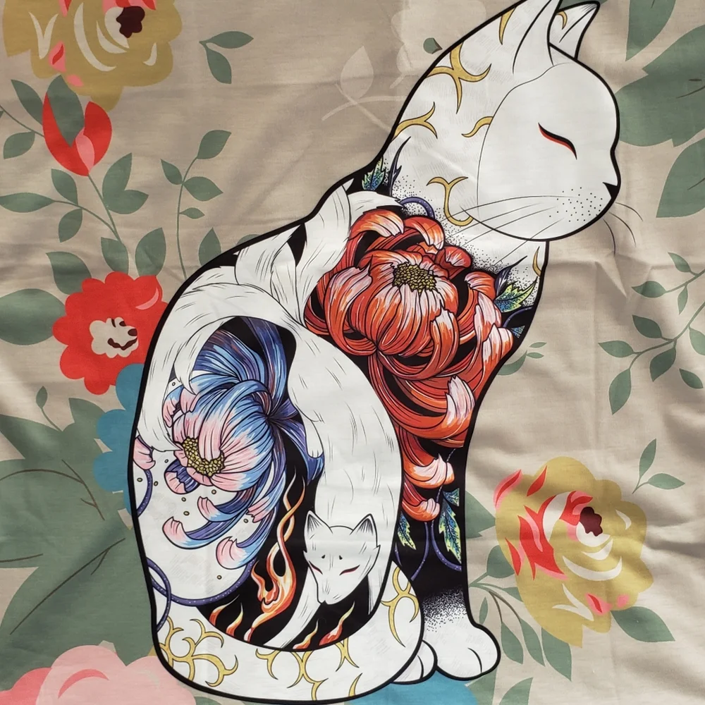 Anna-Kaci Beige Floral Cat Graphic Short Sleeve Tee